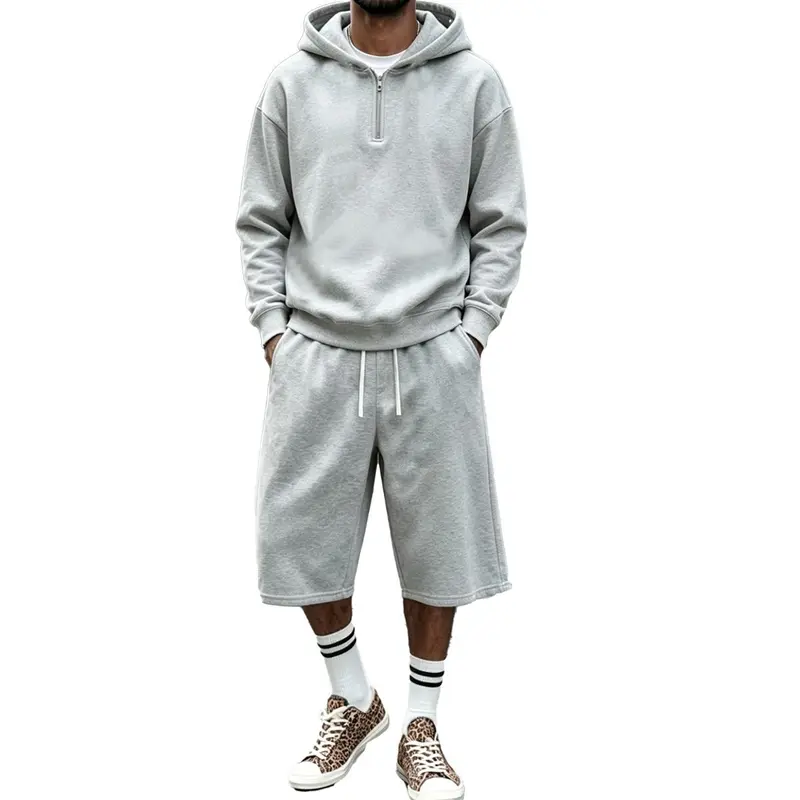 Men's 2-Piece Knitting Casual Athletic Set - Half-Zip Hoodie Sweatshirt, Long-Sleeve Loose-Fit Plain Streetwear Top + Wide-Leg Elastic Waistband Drawstring Shorts