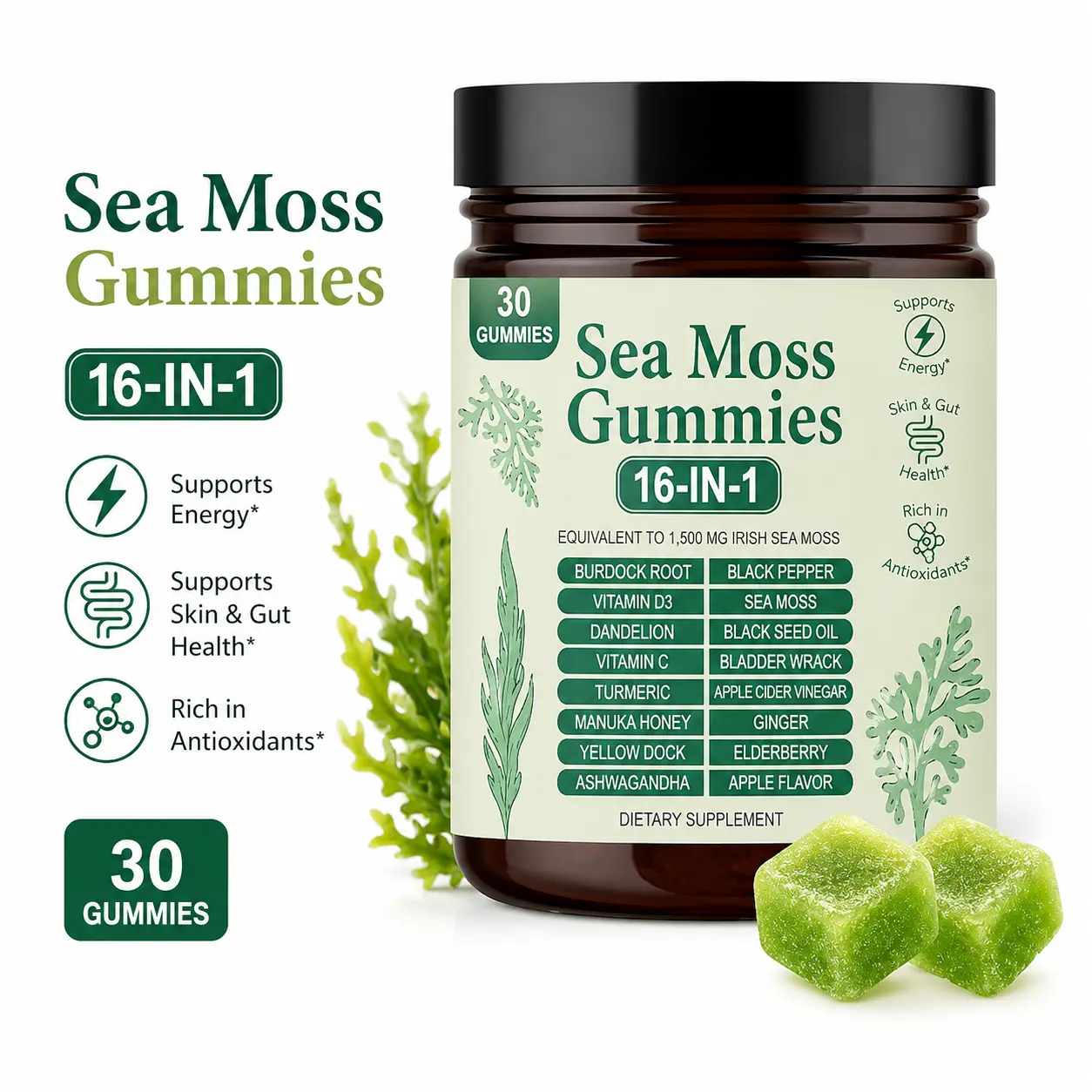 1-5 Pack Sea Moss Gummies, 16-in-1 Irish Sea Moss Supplement with Black Seed Oil, Bladderwrack, Ashwagandha, Turmeric, Vitamins C & D3, 30 Count