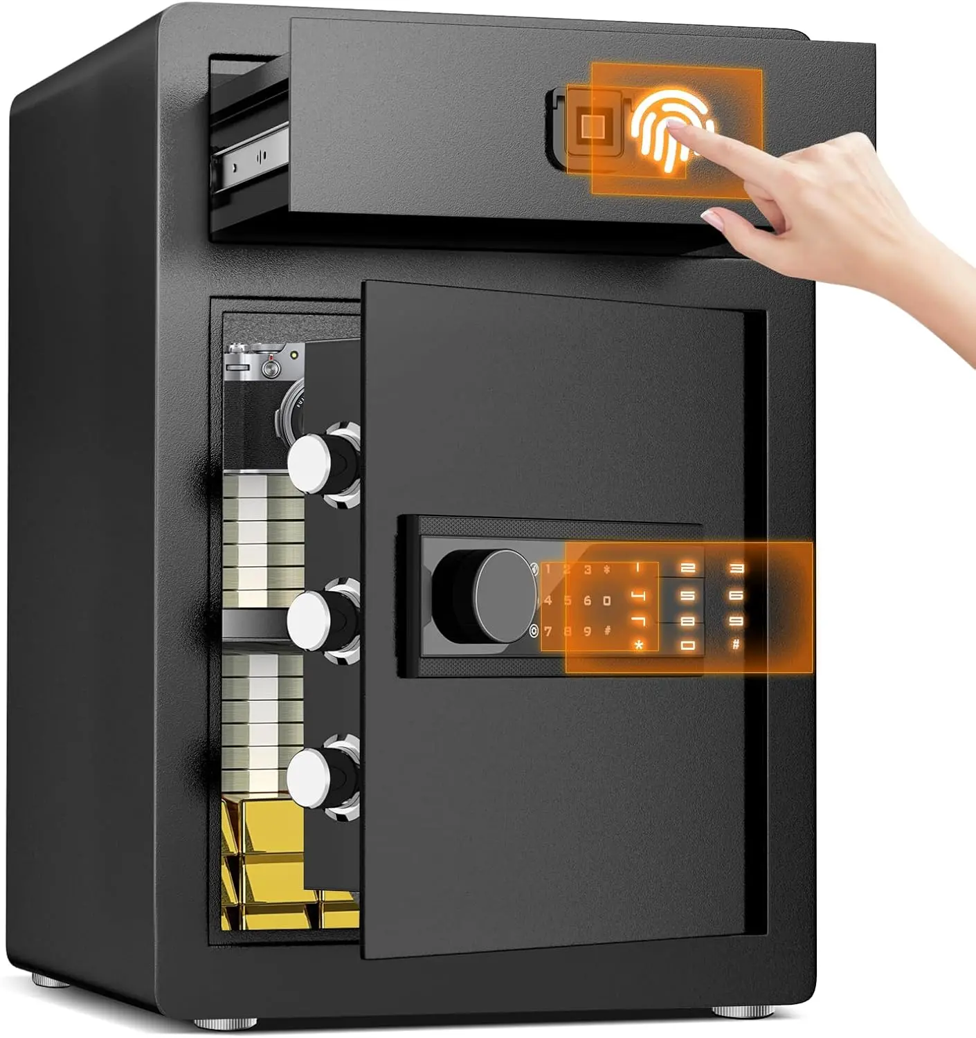 2.4 Cu Ft Small Safe Box Fireproof Waterproof -Home Safe with Biometric Fingerprint Drawer & Removable Shelf, Dual Alarm System,Gun Safe for Documents, Money, Jewelry, Office & Hotel