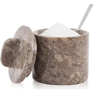 Marble Salt Cellar Handmade 4 Inch Salt Containers for Countertop 5.2 Oz Salt Holder Marble Sugar Bowl with Lid and Spoon Spice Jars for Seasoning Container Stone Salt Box