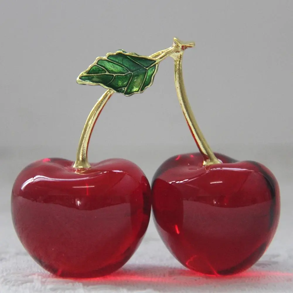 Crystal Cherry Figurine, 1-Piece Glass Fruit Shape Ornament, Home Decor Paperweight for Car Exterior Tabletop Centerpiece