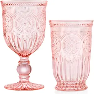 Pink Glassware Bundle - Vintage Glassware Collection for Party - Wine Glasses Set of Pink Goblets and 6 Pink Tall Tumblers - Matching Pink Drinking Glasses with Sunflower Emboss Design