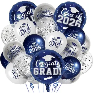 Navy Blue and Silver Graduation Balloons Graduation Decorations 2026, 51Pcs Grad Latex Balloons and Grad Foil Balloon with Confetti Ribbons Grad Party Decorations for College High School