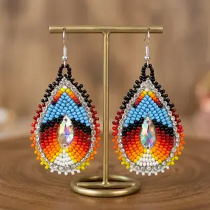 Handmade Beaded Teardrop Earrings for Women - Boho Native American Style Seed Bead Dangle Earrings - Multi-Color Statement Jewelry