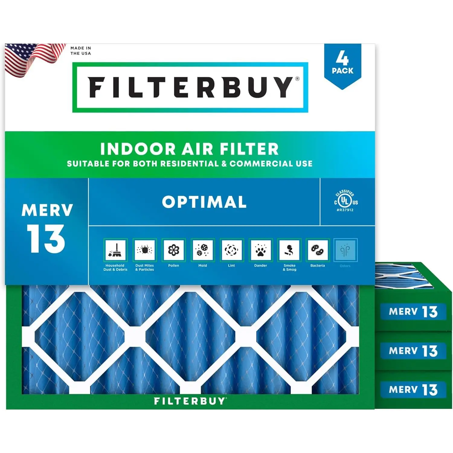 Filterbuy Square Electrostatic HVAC AC Furnace Air Filter (4-Pack), 13.25x13.25x2 in Eco-Friendly Synthetic Media, MERV 13 Optimal Defense, Endures 200°F Temperatures, Withstands Moisture, Residential Use Large Appliance Accessory, Particle Capture, Endur