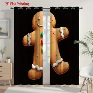 2D Flat, 2pcs Gingerbread for Man Curtains with Colorful Buttons & Icing Trim - Semi-Sheer Fabric Window Curtains for Kitchen Christmas Window Treatments for Gingerbread-Themed Decor, Festive 2D Flat Print,  Easy Care Home, 2D Flat