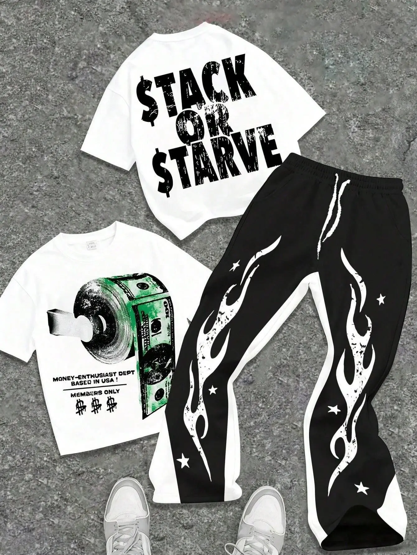 Cotton Men's Themed Two-Piece Outfit, Anime Character Print Short Sleeve T-Shirt & Flame Star Print Side Stripe Track Pants, Retro Streetwear Set