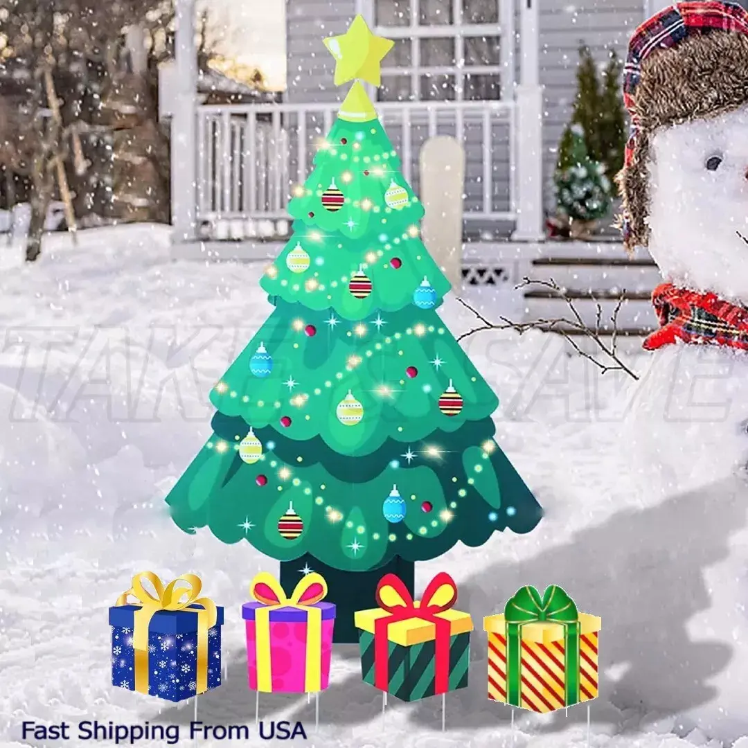 5PCS Christmas Tree w/ Presents Decoration Yard Sign Stakes Xmas Garden Lawn