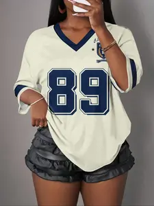 Y2K American Vintage Mesh Simple Number 89 Pattern Breathable Sports Shirt for Women, V Neck Letter Print Tee, Streetwear Festival Casual Top