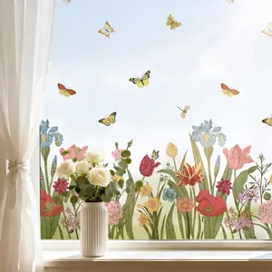 1 roll electrostatic cling floral plant-print colorful window film, decorative floral window decal for home decor and glass decor, suitable for living room, bedroom and kitchen sliding doors, privacy protection, removable outdoorfun