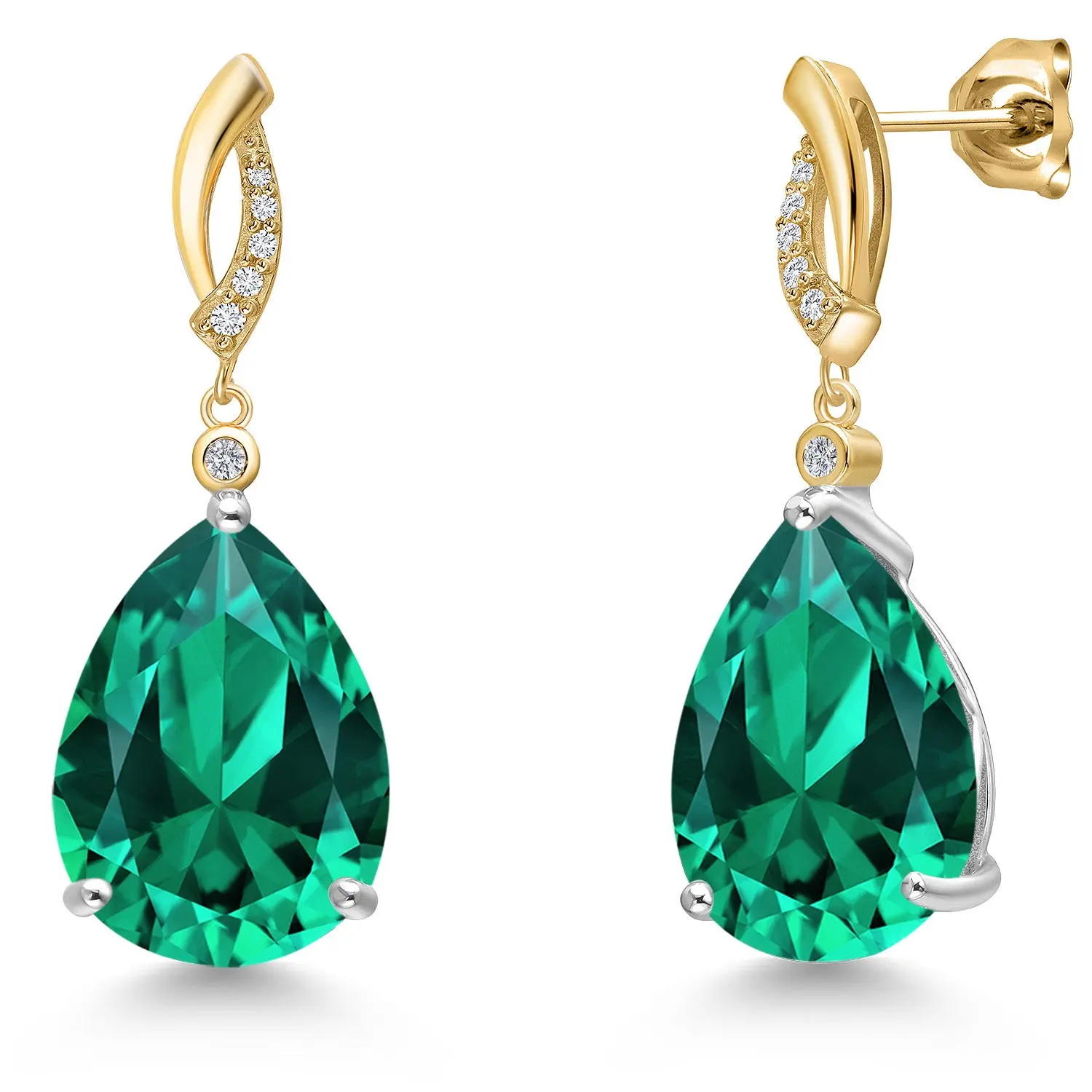 925 Silver and 10K Yellow Gold Green Nano Emerald and Lab Grown Diamond Dangle Earrings for Women | 16.63 Cttw | Gemstone May Birthstone | Pear Shape 16X12MM