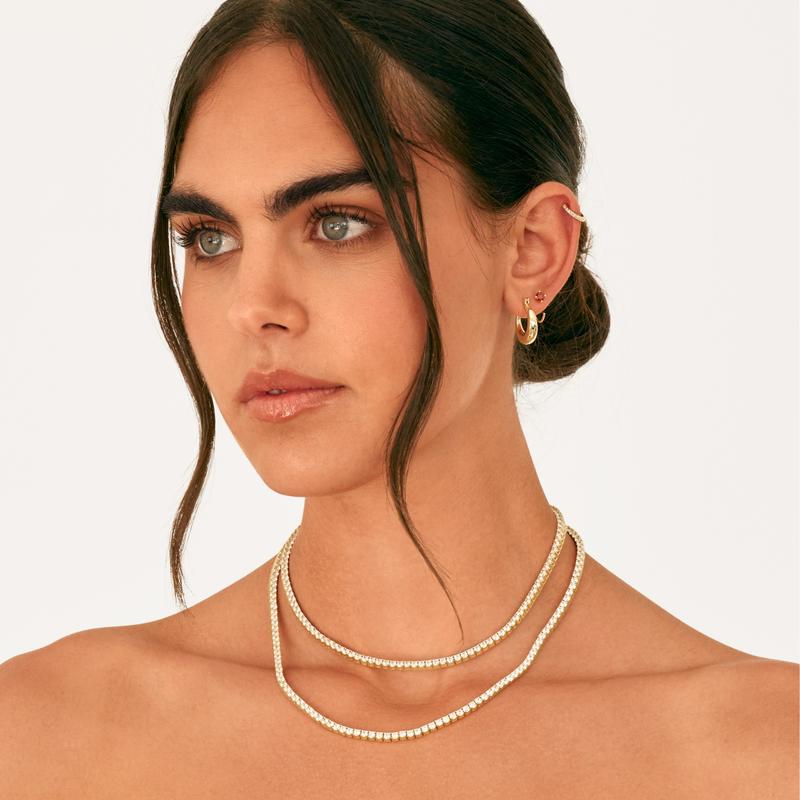 PAVOI 14K Gold Plated Tennis Necklace for Women - 3mm Simulated Diamond Tennis Chain Necklace - Sparkling Cubic Zirconia Necklace Sizes 15", 16" & 18" - Gold Jewelry Necklace with Upgraded Box Clasp with Safety Latch