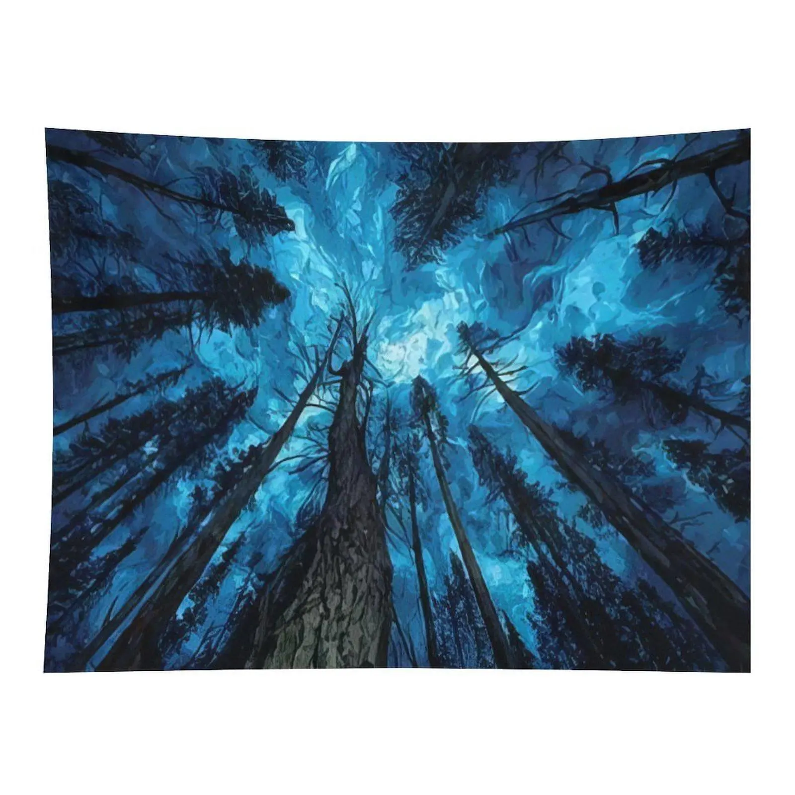 Moody Blue Tall Pine Forest Looking Up Wall Tapestry, Artistic Oil Painting Style Nature Scene for Bedroom Dorm Living Room Wall Hanging Decor