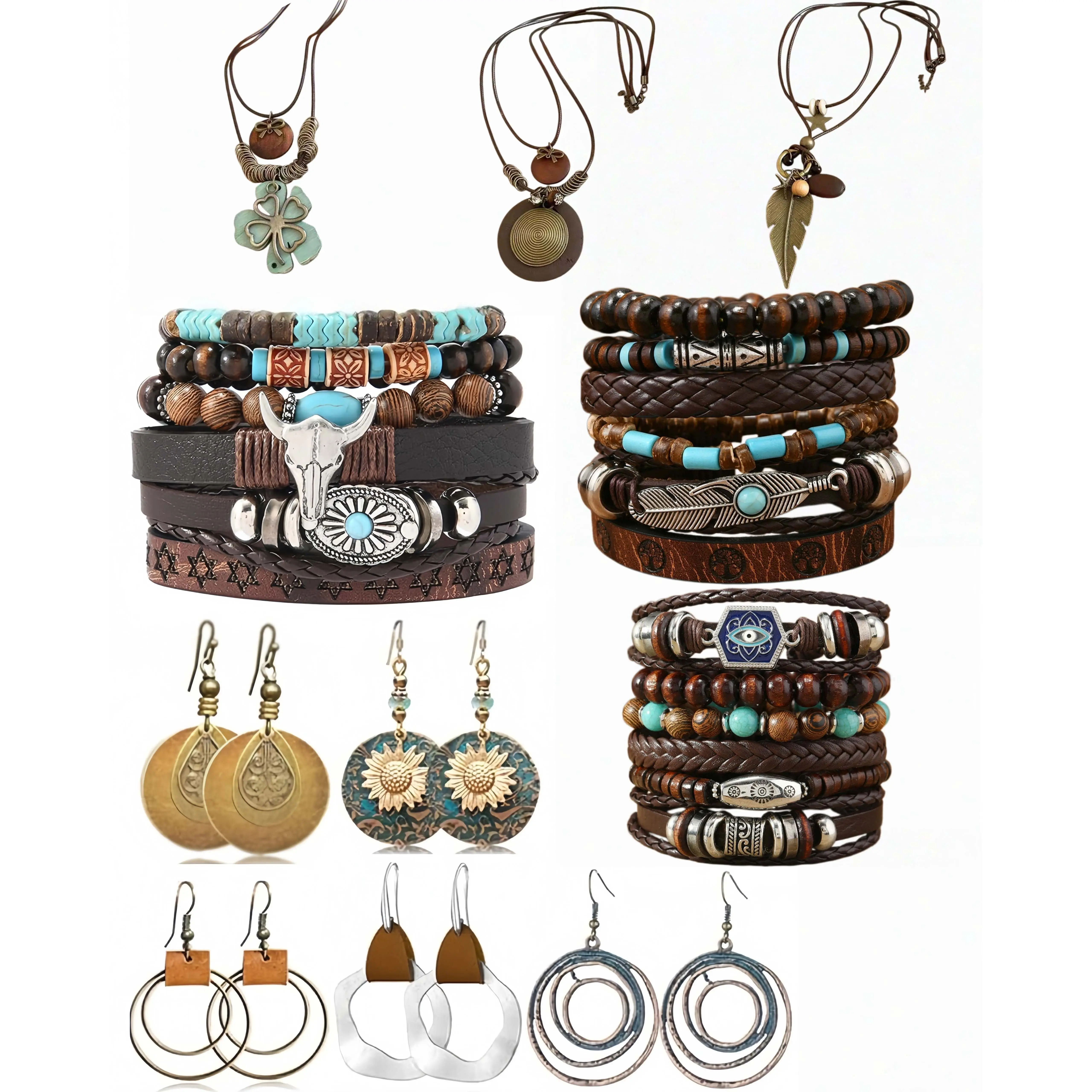 Women's 16-Piece Boho Western Alloy Jewelry Set - Chain Necklace, Drop Earrings, Stack Bangles Combo, Trendy Daily Fashion Accessories, Ideal Gift for Women, Chain Necklace Set