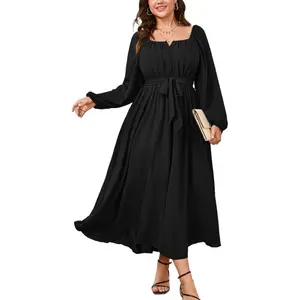 Women Plus Size Maxi Dress Long Sleeve Square Neck Wedding Guest Cocktail Belted Elegant Flowy A Line Long Dresses plus size dresses