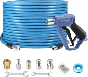 RIDGE WASHER Sewer Jetter Kit for Pressure Washer 100FT, 3600 PSI Drain Cleaning Hose with Short Pressure Washer Gun, 1/4 Inch NPT Corner, Rotating and Button Nose Sewer Jetting Nozzle
