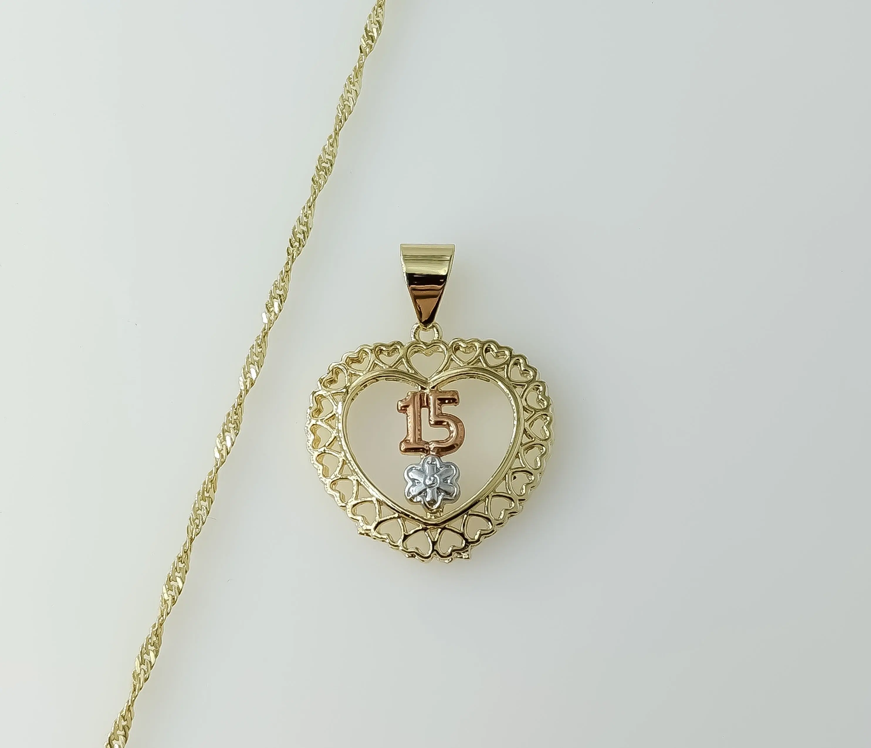 Plated Tri-Color Heart "My 15" Quince 14K Twist Chain Necklace