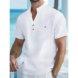 New European and American style mandarin collar T-shirt; short-sleeved linen shirt; men's casual top; thin and loose cotton and linen mens clothing.