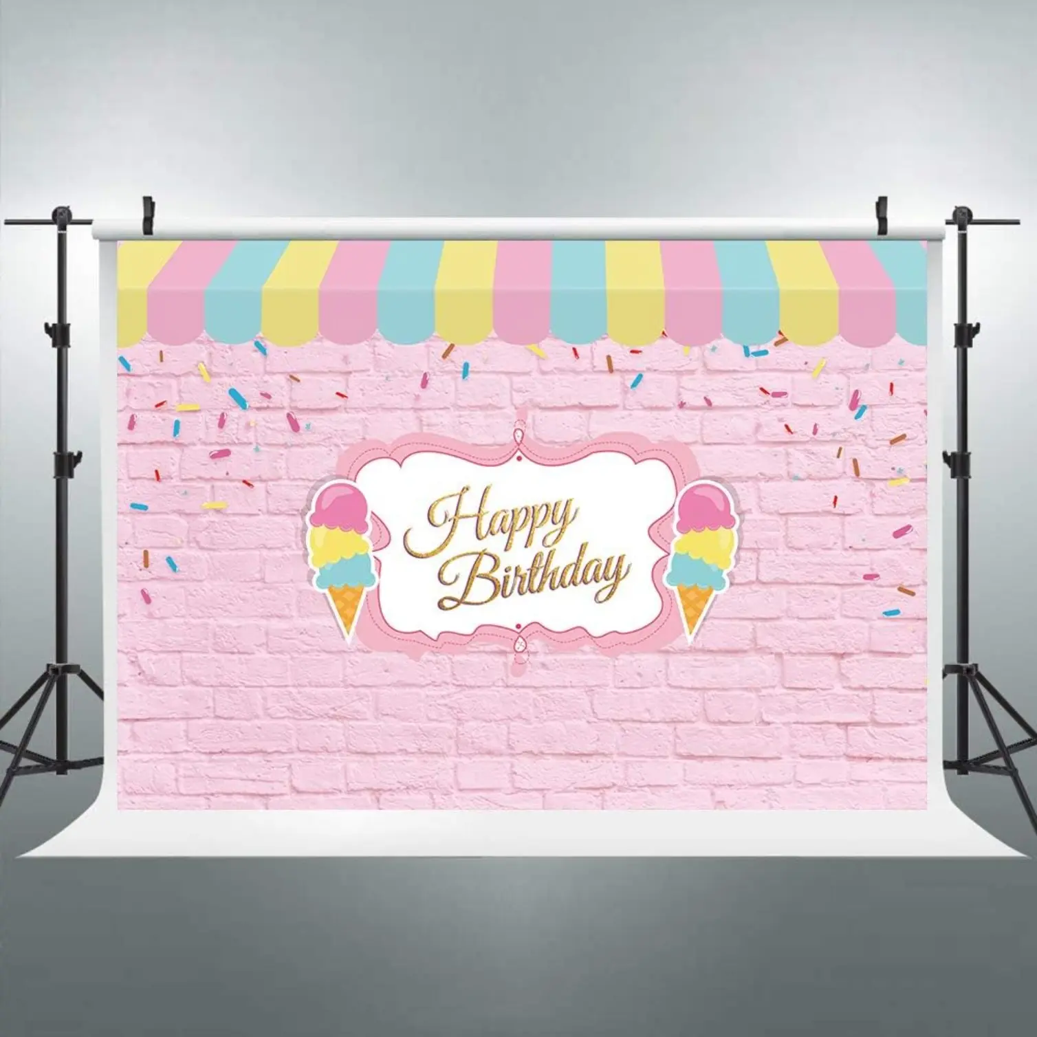 7x5Ft Ice Cream Backdrop Parlor Shop Happy Birthday Cartoon Pink Blue Girl Child Photography Background Party Celebration Props Party Photo Shoot Backdrop Blush Fabric Cloth