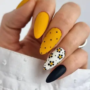 Mustard Yellow Press On Nails, Black White Polka Dot Floral Nails, Long Almond Acrylic Nails, Matte Nail Art, Trendy Chic Nail Design