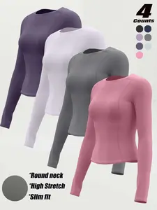 Women's Round Neck Slim Fit Long Sleeve Sportswear Casual Yoga Top, Comfortable Running Fitness Tee, Inner Layer Outer Wear, Gym Performance Top, Compression Sports Top