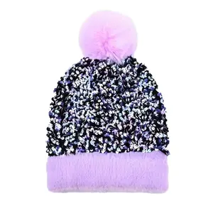 Sequin Glam Pom Beanie: purple