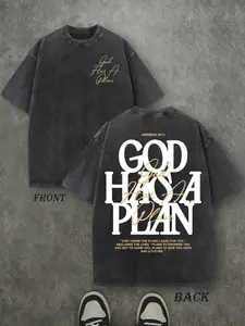 Men's Vintage Washed T-Shirt, Short, Dual-Sided Print, 230 Pure Cotton Material, God Has His Own Plan Letter Print, Casual Street Style