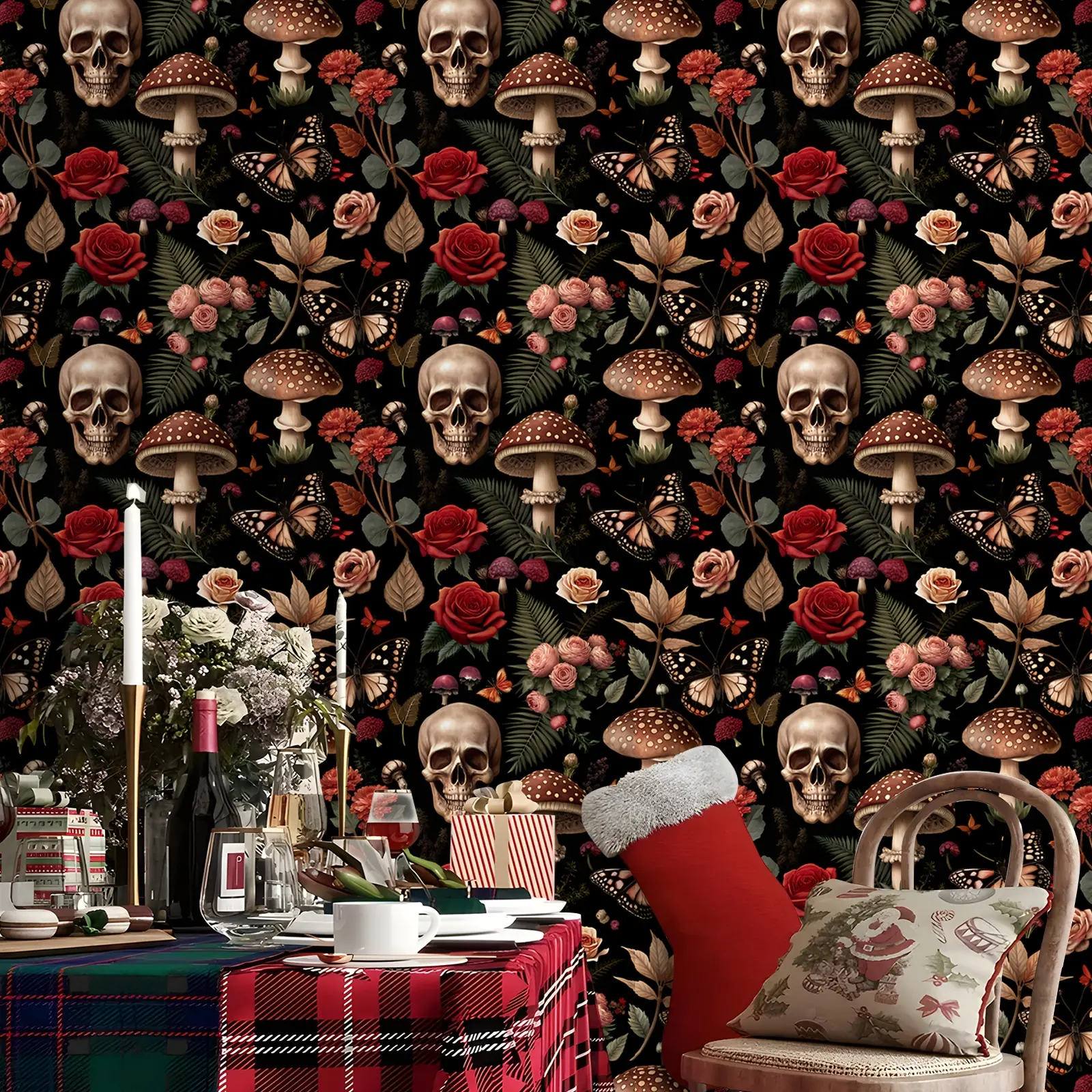Gothic Aesthetic Skull & Floral Peel and Stick Self-Adhesive Decorative Wallpaper Designs - Waterproof Vinyl Removable | Halloween Decor for Living Room, Bedroom Wall Renovation & Home Decor
