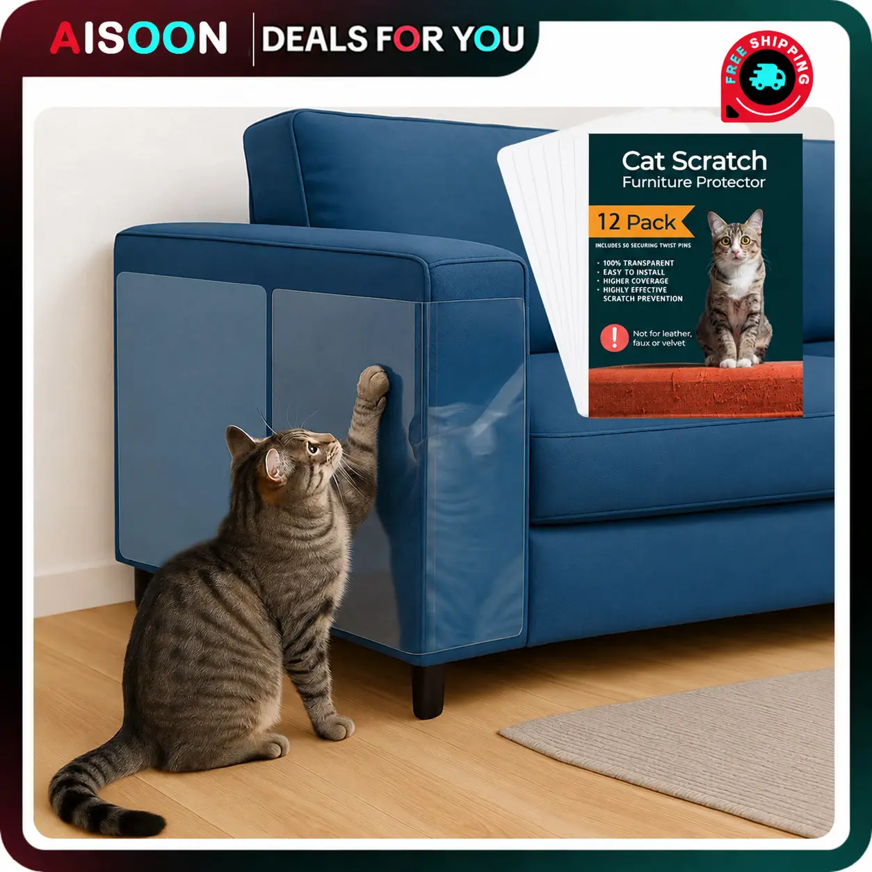 AISOON 12-Pack + 50 Pins Anti-Cat Scratch Furniture Protector, 14x11 Inch Discreet None-Paste Heavy-Duty Shield for Sofa Corners, Walls, Doors