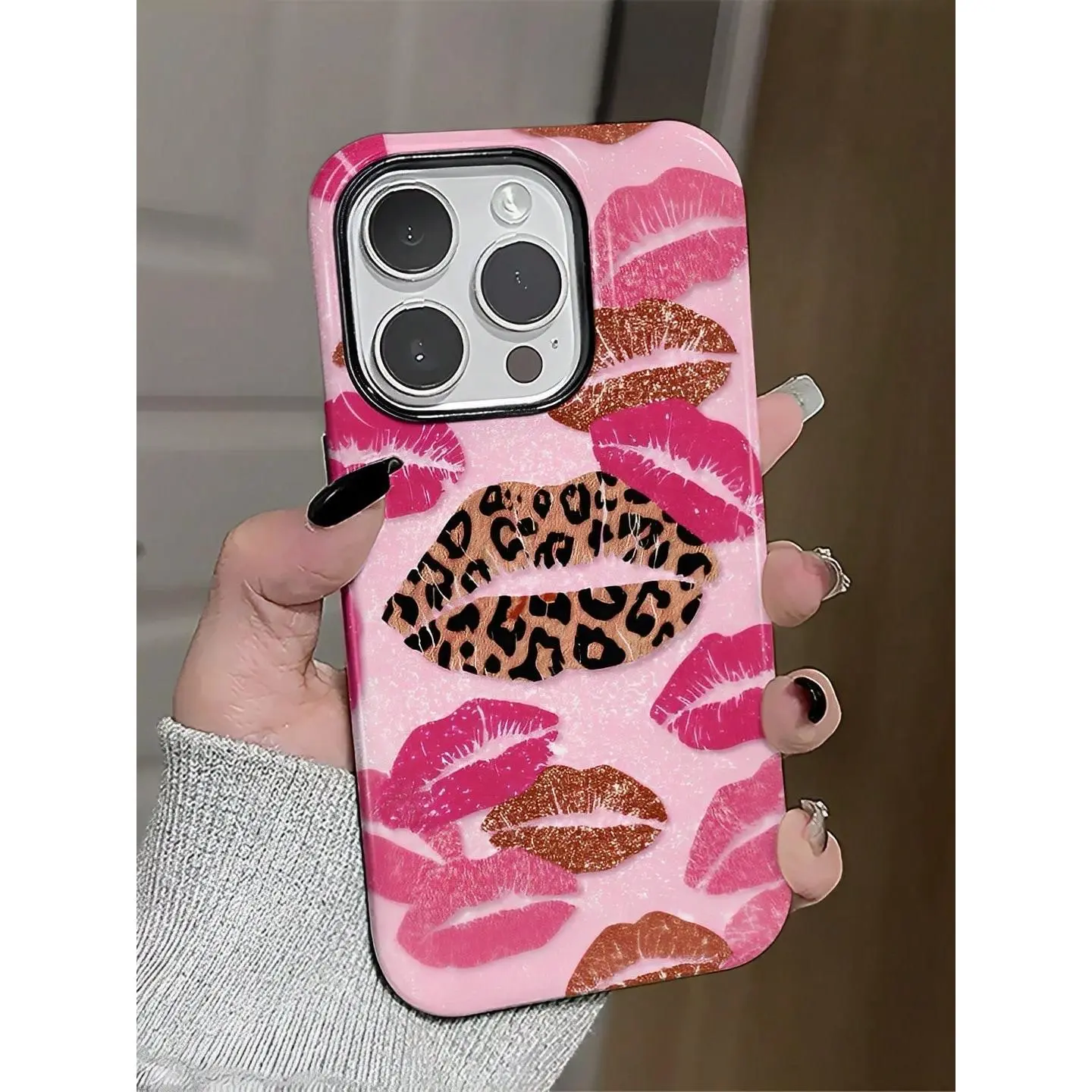 Summerwins 2-in-1 Textured TPU Multicolor Cellphone Casing - Pink Leopard & Lip Prints, Protective Cover Accessories with Drop Protection, Compatible with iPhone 11,12,13,14,15,16,17,17 Pro,17 Pro Max