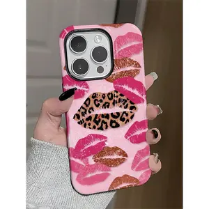 Pink leopard print lip print 2-in-1 textured phone case, compatible with iPhone 17, 17 Air, 17 Pro, 17 Pro Max, 16, 15, 14, 13, 12, and 11 models.