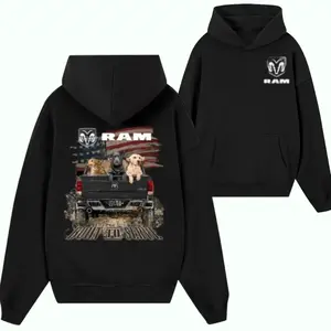 RAM Built To Serve Hoodie, American Flag Truck Bed Dogs Graphic Sweatshirt, Patriotic Pickup Truck Style Hoodie for Men & Women, Country Outdoor Dog Lover Outfit for Daily Wear