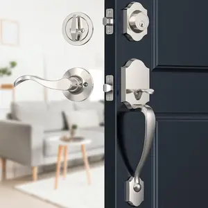 Satin Nickel Front Door Lock Set, Entry Door Handle Set with Deadbolt, Exterior Door Handle with Lock Lever and Single Cylinder, Reversible for Right & Left