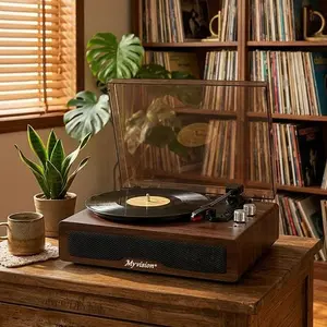 Myvision Vintage Wood Rechargeable 3-Speed (33-1/3, 45, 78 RPM) Bluetooth Portable Turntable with Stereo Speakers, RCA Line Out, AUX In, Headphone Jack, Compatible with 7/10/12-Inch Records, Bedroom Audio Accessory