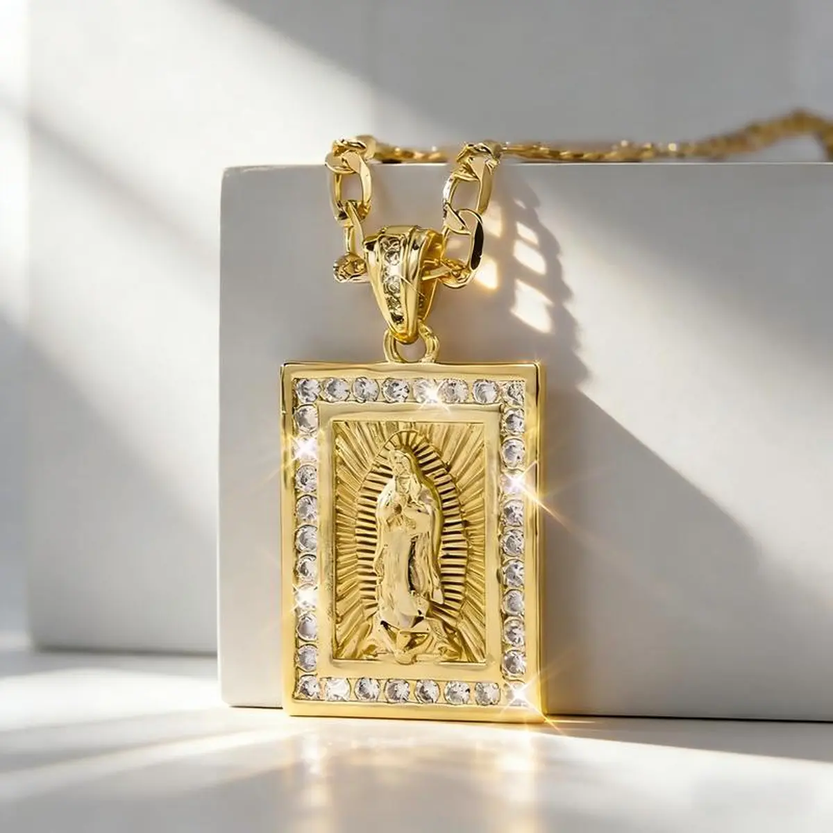 Ladies' Vintage Gold Plated Our Lady of Guadalupe Pendant, Set With Cubic Zirconia Cuban Necklace,  Faith Jewelry Gift For Men And Women
