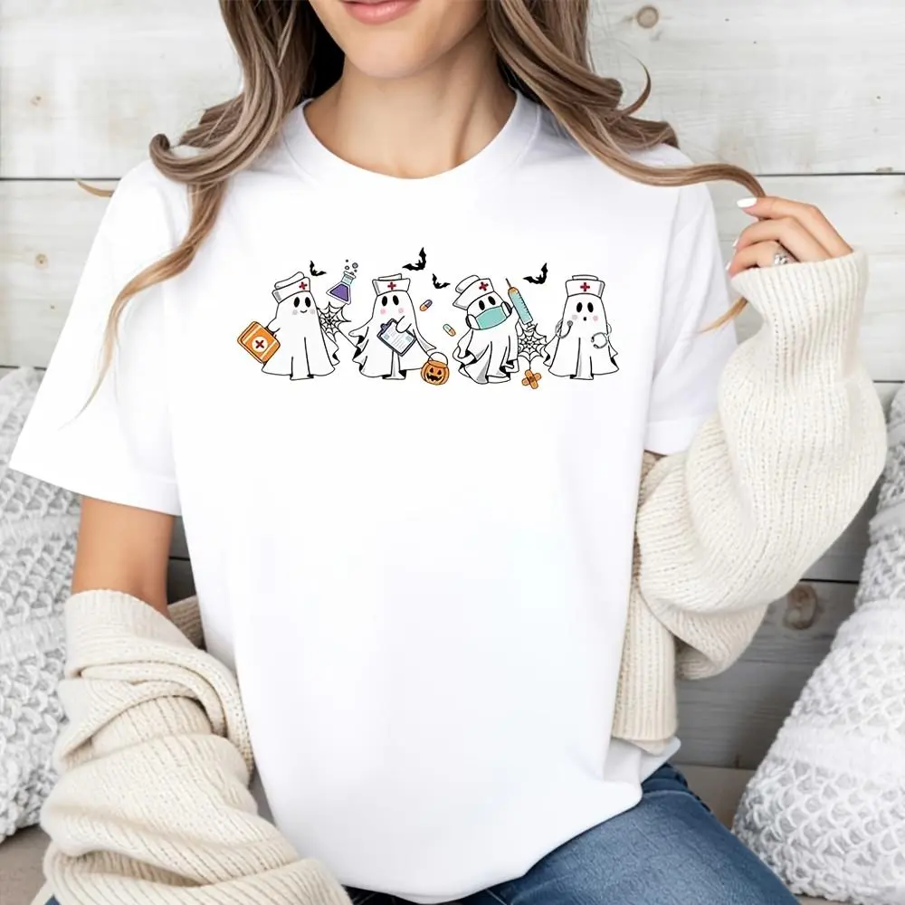 Cute Ghosts In Nurse And Doctor Costumes With Medical Props, Raglan Long-Sleeved T-Shirt, Halloween Funny Medical Theme, Party Costume Gift