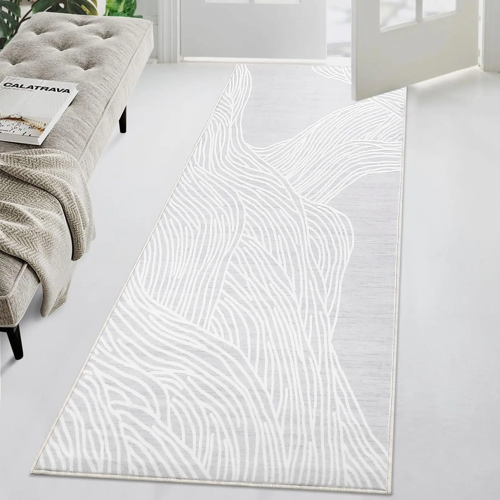 Runner Rug 2x6 Modern Washable Rug Entryway Runners Non Slip Backing Hallway Runner Rug Contemporary Striped Rug Low Pile Soft Carpet for Bedroom Kitchen Laundry Bedside Grey