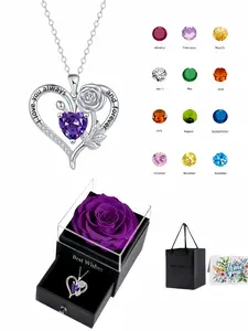 Eternal Rose Vow Dopamine 12 birthstone heart rose necklace engraved with "I love you forever", inlaid with sparkling gems. Matched with purple preserved rose gift box. Ideal gifts for birthdays, Mother's Day, Valentine's Day and Christmas.
