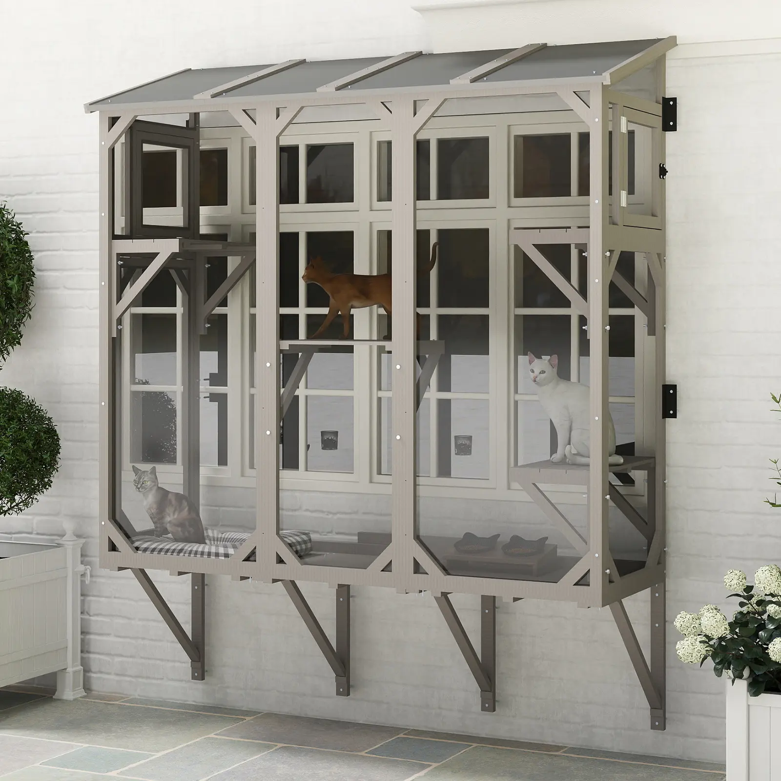 Petscosset Wall Mount Window Attached Wooden Cat Catio, Multi-Level Platforms, Waterproof Roof, Anti-Mosquito Mesh, Lockable Doors, Indoor Outdoor Vertical Cat Enclosure