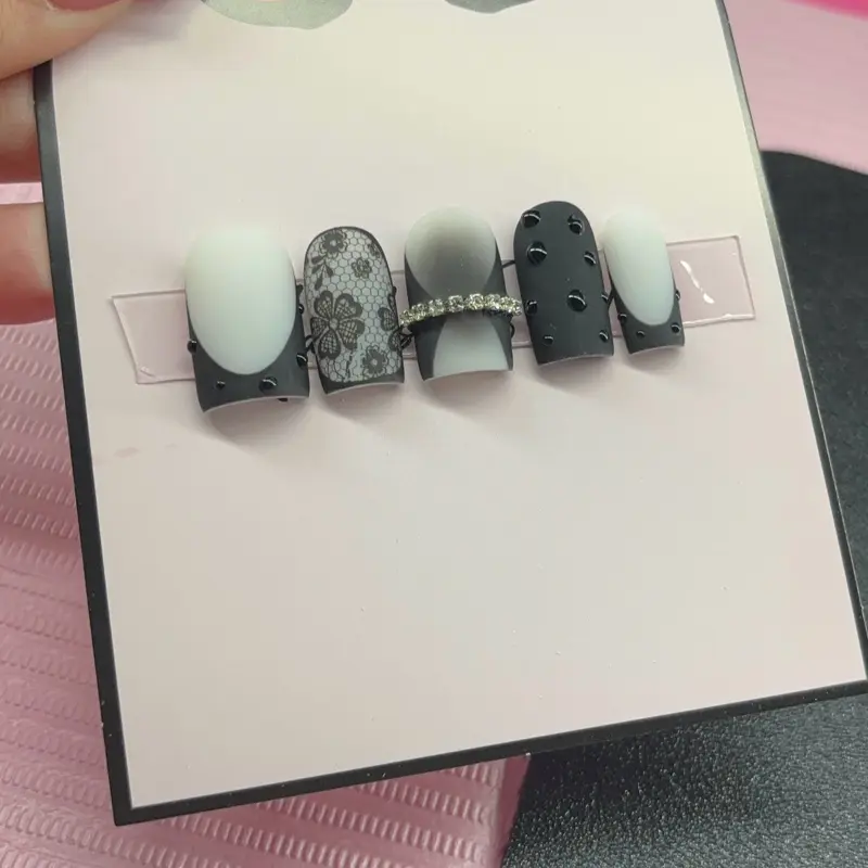 Short square Press on nails black milky white nude matte lace 3D gel French tips