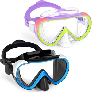 Swim Goggles for   4-16 with Nose Cover, Tempered Glass Lens Anti-Fog No Leakage Diving Mask 180° Clear Vision Blue Black