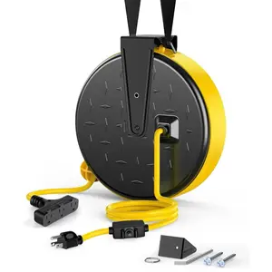 30 Ft Retractable Extension Cord Reel, Ceiling/Wall Mount 16/3 Gauge, 10 Amp Circuit Breaker, Metal Plate, 3 Grounded Outlets