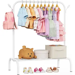 Upgraded Kids Clothing Rack, Small Portable Montessori Toddler Garment Rack with Storage Shelf & Hooks, Ideal for Costumes, Princess Dresses and Shoes, White