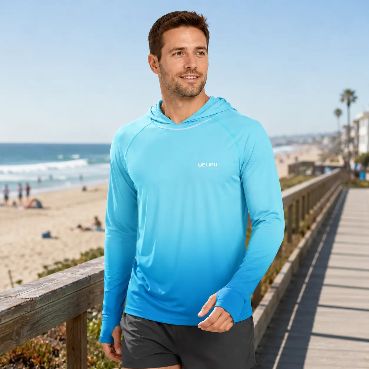 WELIGU UPF 50+ Men's Gradient Athletic Hoodie - Lightweight, Quick-Dry, Breathable Dry Fit Active Long Sleeve with Sun-Blocking Hood, Fishing Hoody for Outdoor Activities, Hood Blocks Sun, Hood Neck Cover