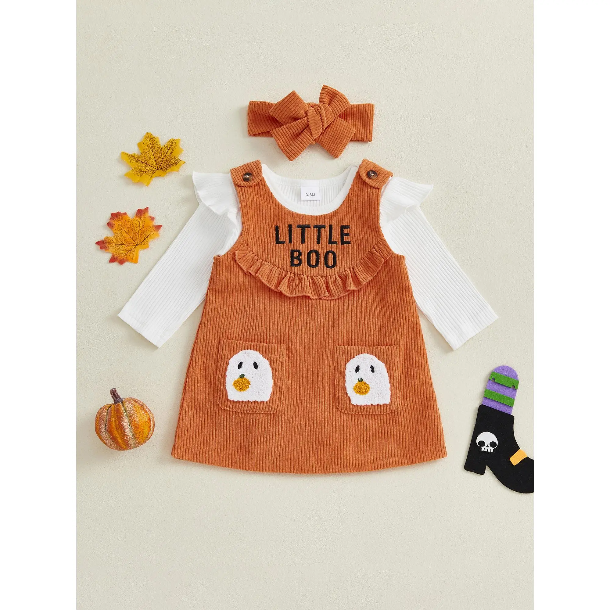Baby Girl Halloween Clothes Solid Long Sleeve Romper Ghost Embroidery Overall Dress Headband 3 Pcs Set