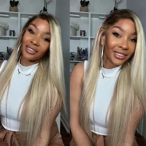 Ash Blonde Brown Root Straight 13X4  Lace Frontal Human Hair Wig For Women Transparent Lace Front Wig Blonde Colored Wig Pre plucked Natural Hairline