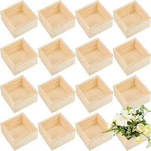 Wooden Boxes Rustic Unfinished Square Wood Box Crates for Decoration Arts Crafts Storage Organizers Planter 4 X 4 Inch (16 Pcs)