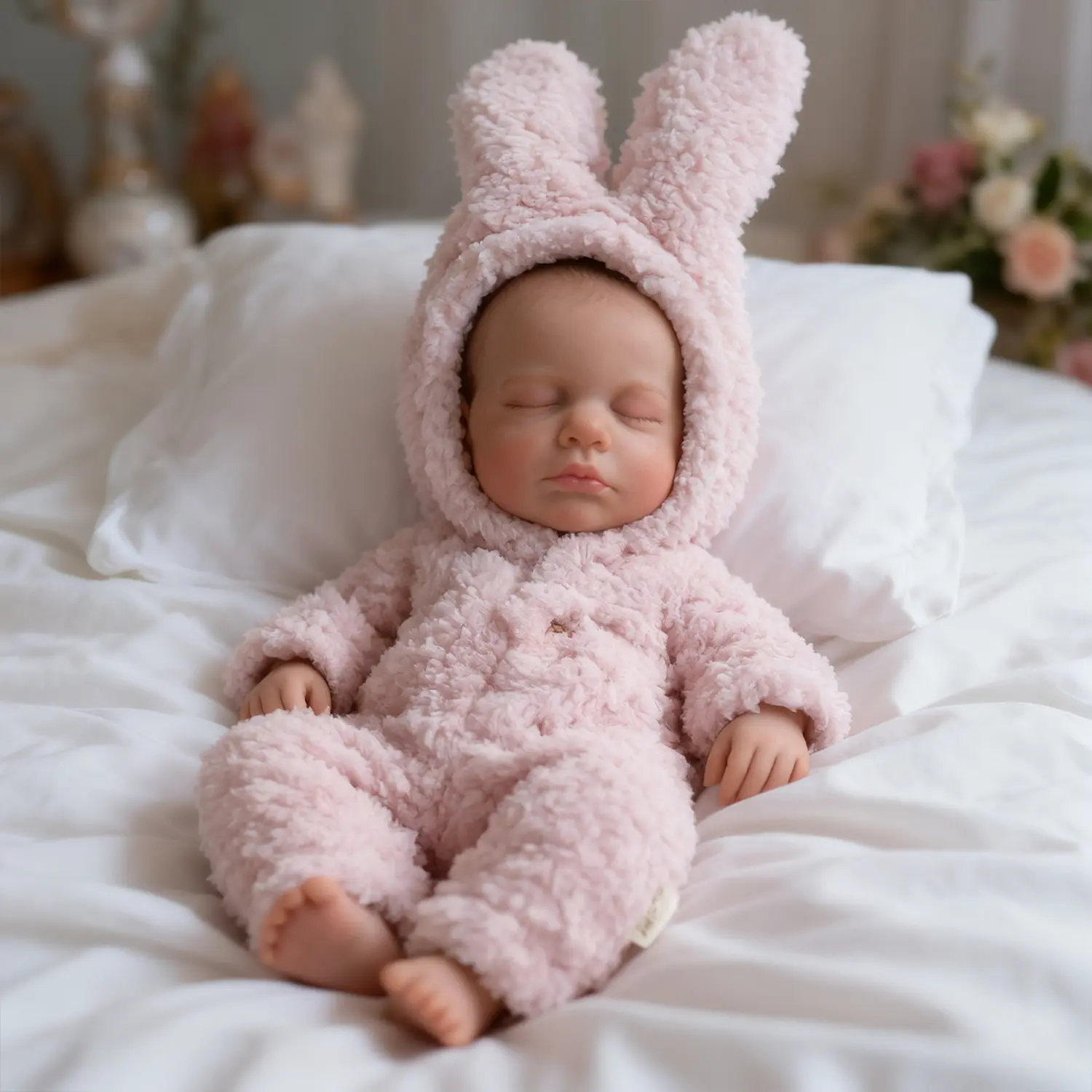 12-Inch Realistic Full Vinyl Fashion Doll for Girls - Hand-Painted Face, Cute Pink Plush Rabbit Romper, Emotional Support Toy, Birthday/Christmas Gift for Kids homedecor