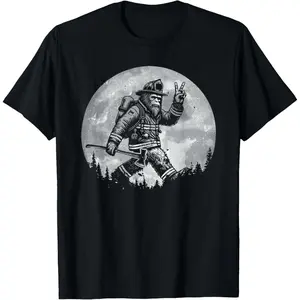 Cotton Graphic Tees Streetwear Gifts  Firefighting Retro Bigfoot Firefighter Sasquatch Fireman T-Shirt