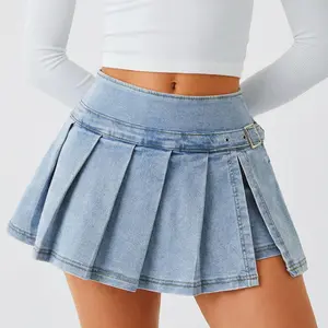 EMMIOL Denim Mini Skirt for Women - Mid-Low Waisted Stretch Side Zipper Skort Y2k Casual Jean Skirts with Shorts Underneath